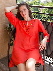 Rosett undresses her red kaftan dress, revealing a pair of small yet exquisitely pink and puffy breast, pink pussy with a cute trimmed bush, and smoot