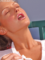 Cute bubbly Sandra fondling her sexy, stiff nipples and stroking her pussy with a dildo